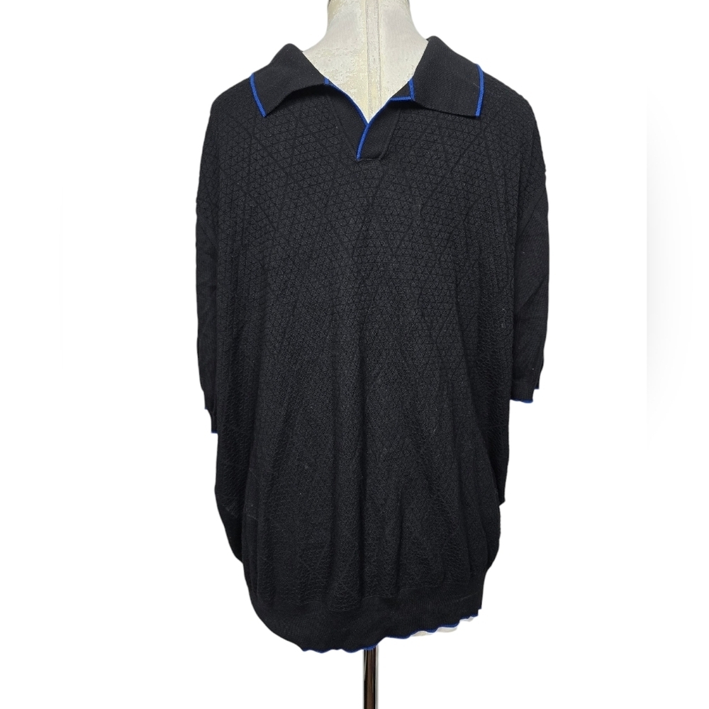 Stefano Ricci Black Blue Trim Knit Polo V Neck Mens Shirt 56 XXL Italy